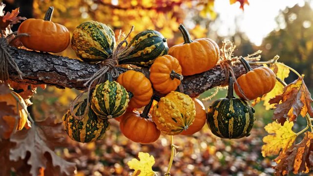 Autumn Harvest Display of Pumpkins and Gourds - A rustic display features small orange pumpkins and colorful gourds tied to a tree branch with twine.