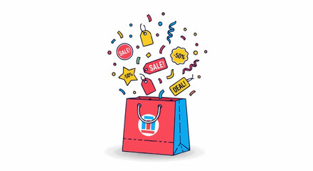 A shopping bag bursting with tags and confetti, conveying a sense of excitement and deals