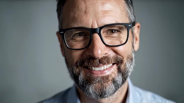 Friendly man with glasses smiling against grey wall