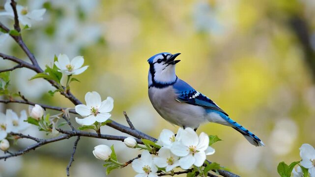 AibBright blue jay perched on flowering branch during spring morning in a serene natural setting
