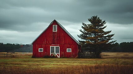 Obraz premium Weathered red agricultural building stands prominently beside a large evergreen tree under an overcast sky