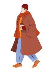 Man walking in winter clothes wearing long coat scarf hat and gloves holding takeaway coffee cup isolated on white background flat style illustration