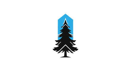 A stylized logo featuring a black pine tree within a blue geometric shape against a white background.