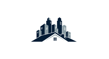 A stylized logo featuring a cityscape rising above a house roof, representing real estate.