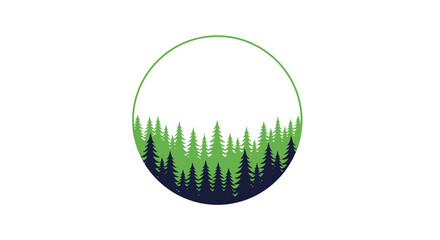 A circular logo featuring a stylized forest of green and dark blue pine trees.