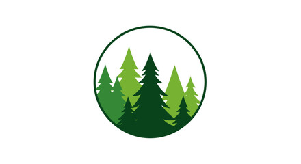 A minimalist logo design featuring a group of green pine trees inside a circle.