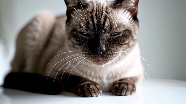 Siamese Cat with Blue Eyes Close-up - A close-up portrait of a striking Siamese cat with bright blue eyes. The cat is resting, showcasing its distinctive pointed color pattern and intense gaze.