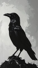 Naklejka premium Majestic Black Raven Standing on Rock with Artistic Background