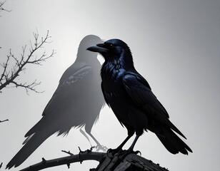 Naklejka premium Majestic Raven Perched on a Branch Against a Mysterious Background