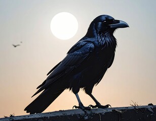 Naklejka premium Majestic Black Raven Silhouetted Against a Sunset Background