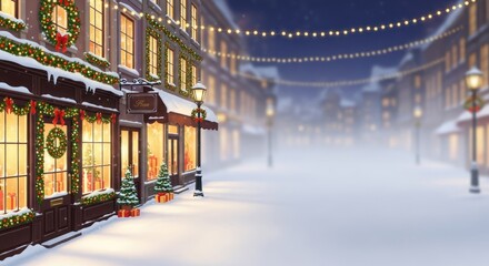 Holiday shopping street covered in snow creating festive winter ambiance