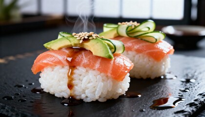 Delicately crafted sushi featuring salmon, avocado, and cucumber, served on a black slate plate with a drizzle of sauce.