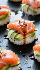 A delectable sushi dish featuring salmon, cucumber, and avocado, presented on a dark slate background with a hint of steam rising.