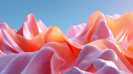 Abstract undulating layers of sheer textile material glow with warm and cool tones against a clear sky