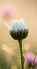 A close-up of a flower bud glistening with dew, surrounded by a soft, blurred background, capturing the beauty of nature in the morning light.