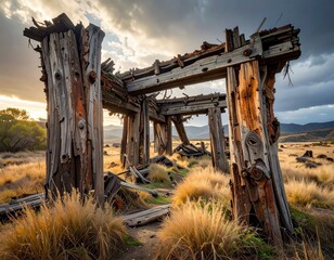 Fototapeta premium Abandoned Structure Surrounded by Golden Grass at Dusk