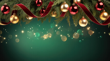 Square banner with gold and red Christmas symbols and text. Christmas tree, balls, golden tinsel confetti and snowflakes on green background. Header for website template