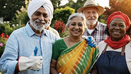 Diverse Senior Volunteers Gardening - A group of smiling, diverse senior adults are volunteering in a community garden.
