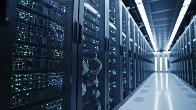 Modern Data Center Server Room - A close-up shot showcases rows of networked computer servers with blinking lights housed in a secure data center.