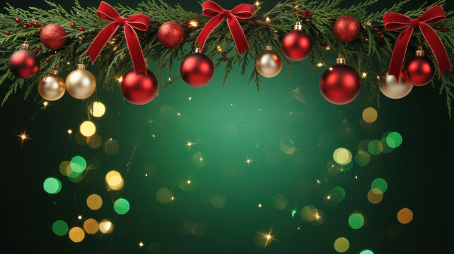 Square banner with gold and red Christmas symbols and text. Christmas tree, balls, golden tinsel confetti and snowflakes on green background. Header for website template