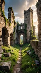 Fototapeta premium Ancient Ruined Castle Surrounded by Lush Greenery at Sunset