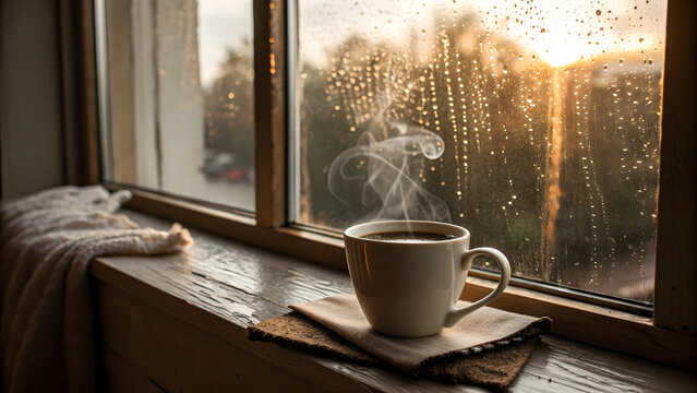 Cozy coffee mug by rainy window sunset glow