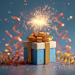 Christmas gift with fireworks and confetti