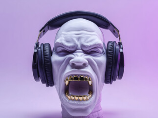 White plaster bald male head sculpture shouting and showing golden implant teeth grillz with large black headphones on a neon purple background. 