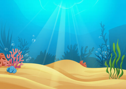 cartoon colorful underwater landscape with sea plants and corals