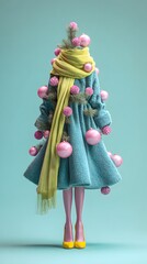 Christmas tree in fashion clothes and decoration. Minimal blue background.