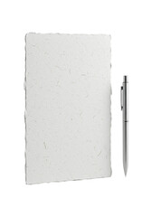Pristine vertical handmade paper with deckled edges & organic fibers, subtle grayscale, next to a sleek polished silver pen, transparent background, high-key, concept of refined simplicity