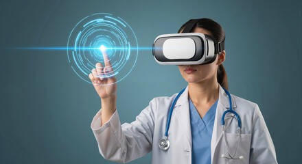 Female doctor in a VR headset touching a futuristic medical interface, showcasing innovation in healthcare technology and the metaverse.