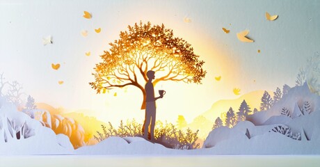 Papercraft scene depicts man under tree. Warm sunset light creates peaceful atmosphere. Foliage, hills, birds complete idyllic landscape.