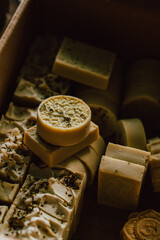 natural skincare in eco packaging, boutique collection of herbal soap bars displayed stylishly