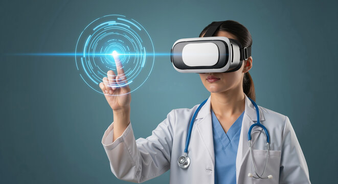 Female doctor in a VR headset touching a futuristic medical interface, showcasing innovation in healthcare technology and the metaverse.