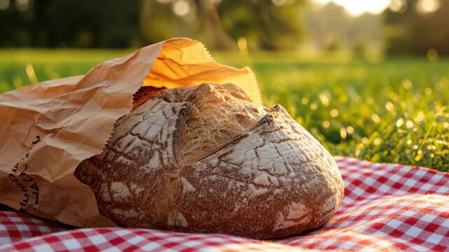 Rustic Bread on Picnic Blanket - A loaf of freshly baked, rustic bread sits partially inside a brown paper bag on a red and white checkered picnic blanket.
