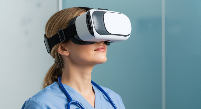 Female doctor with VR headset for medical simulation and training.