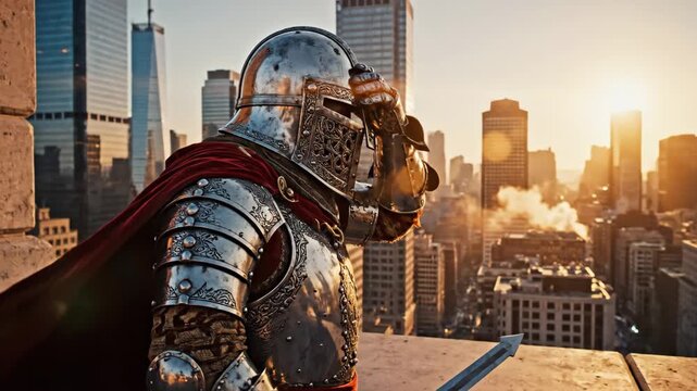 Knight in Shining Armor Overlooking Cityscape - A knight in full plate armor and a red cape stands overlooking a modern cityscape at sunset.