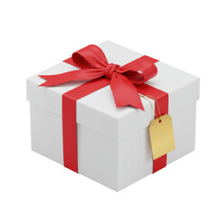 transparent rectangular gift box, red satin ribbon & bow, gold foil tag, isolated on transparent background under soft studio light at 45-degree angle, concept of elegant luxury