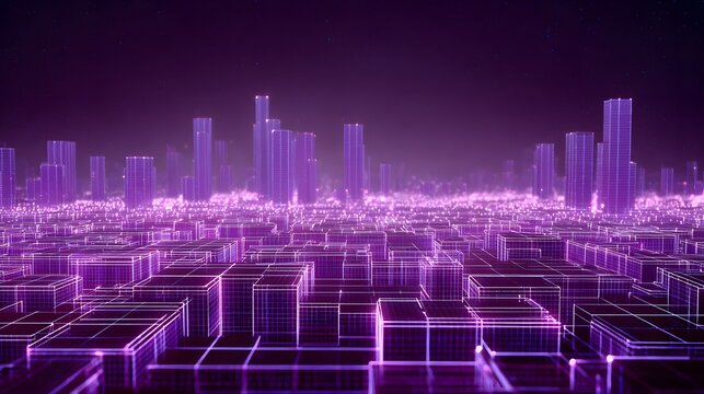 Illuminated wireframe metropolis stretches toward a dark, starry horizon