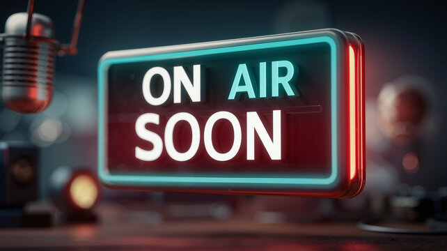 Cinematic "On Air Soon" banner on metallic neon green sign with red LED backlighting. Blurry high-tech studio background, expectant atmosphere, panoramic - Powered by Adobe