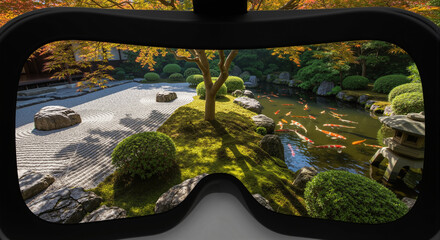 VR headset view of a tranquil Japanese Zen garden with koi pond.