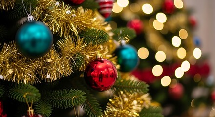 Photo of closeup of a decorated christmas tree with ornaments and golden tinsel, with bokeh lights in the background