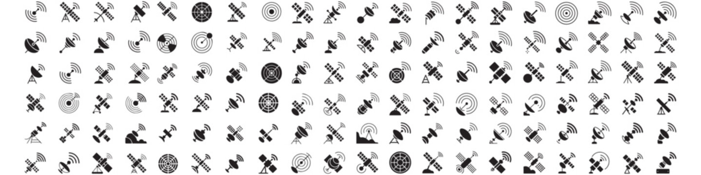 set of Radar glyph icon. Satellite antenna with strong signal. Astronomy vector design concept. Vector Black silhouettes. with white background