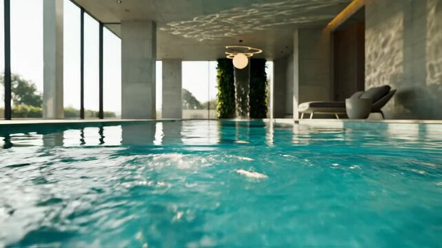 Indoor Swimming Pool with Waterfall Feature - Low angle view of a modern indoor swimming pool with clear turquoise water, featuring a waterfall, accent lighting, and floor to ceiling windows.