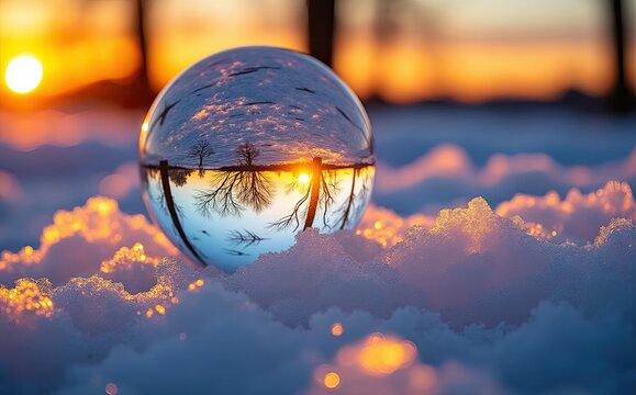 Crystal ball sunset reflection icy snow sphere glass - Powered by Adobe