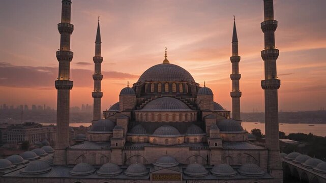 A magnificent mosque at sunrise, its domes and minarets glowing softly against the warm colors of the sky.