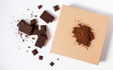 Dark chocolate pieces and powder on tan box cocoa