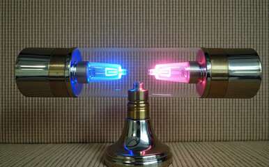 Cylindrical glass tube lamp with opposing blue and pink lights cylinder