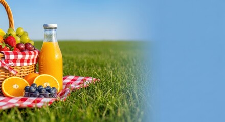 Idyllic Summer Picnic Scene with Fresh Fruits, Juice, and Checkered Blanket
